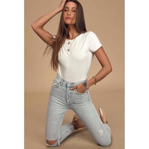 Agolde Riley 90s Crop HR Straight Jeans Size 28 Light Wash Distressed Button Fly